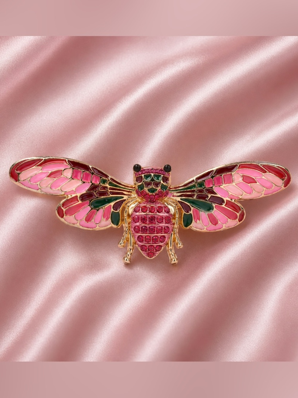 Pink Mosaic Wing Crystal Bug Butterfly Gold Brooch